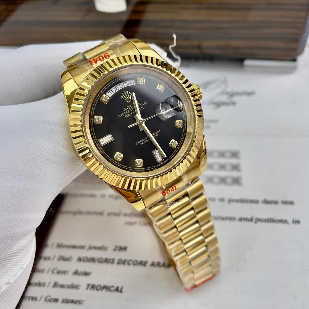 Đồng hồ Nam Rl  vành đá day date mặt đen vỏ vàng  gold  máy nhật dòng cơ Automatic size 41mm dây kim loai