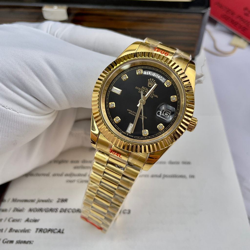 Đồng hồ Nam Rl  vành đá day date mặt đen vỏ vàng  gold  máy nhật dòng cơ Automatic size 41mm dây kim loai