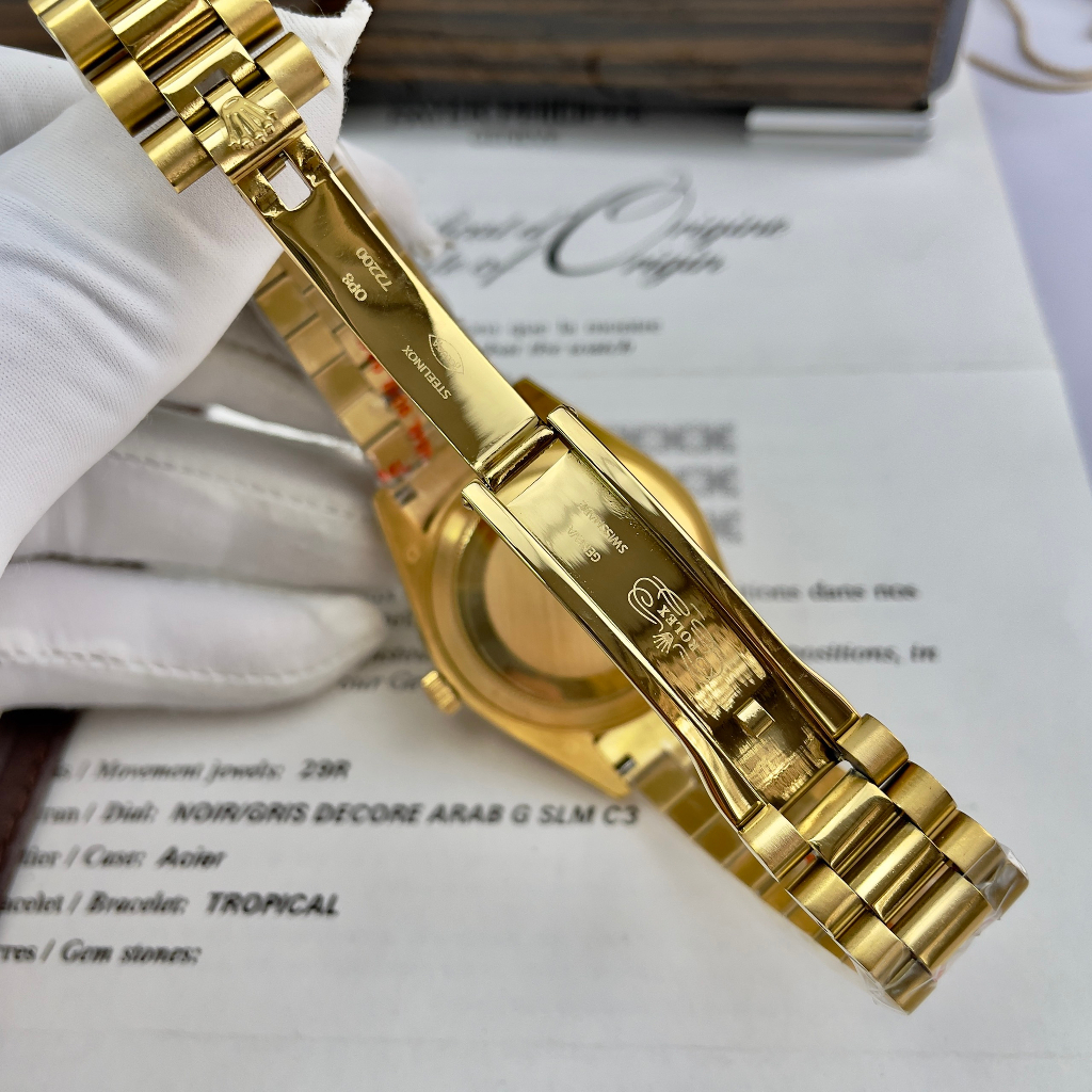 Đồng hồ Nam Rl  vành đá day date mặt đen vỏ vàng  gold  máy nhật dòng cơ Automatic size 41mm dây kim loai