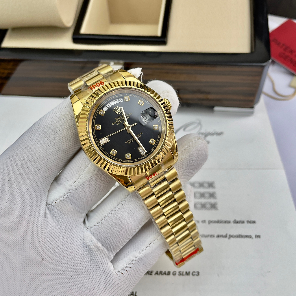 Đồng hồ Nam Rl  vành đá day date mặt đen vỏ vàng  gold  máy nhật dòng cơ Automatic size 41mm dây kim loai