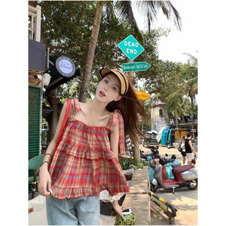 Áo 2 dây kẻ Caro buộc nơ vai viền bèo tầng tiểu thư siêu xinh