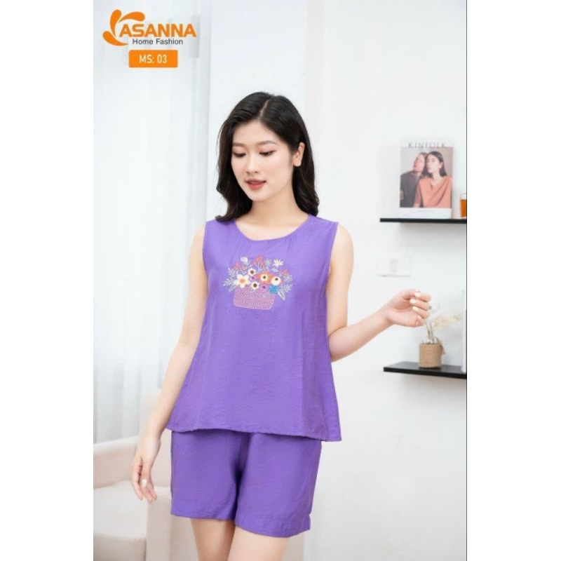 Bộ mặc nhà.áo sát nách quần đùi.thêu ngực.chất liệu vải đũi tơ