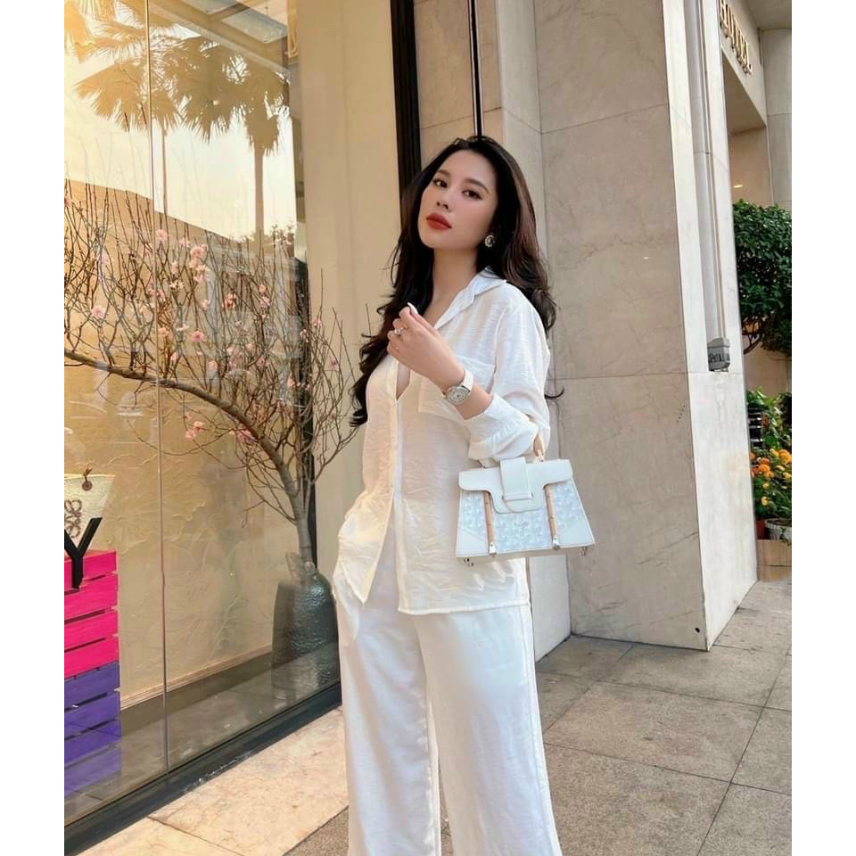 Bộ Đũi Nữ Dài EVANIA Set Đi Biển Áo Sơ Mi Mix Quần Ống Suông Rộng Chất Vải Đũi Thoáng Mát Hai Màu trắng, Nâu - Mã G868