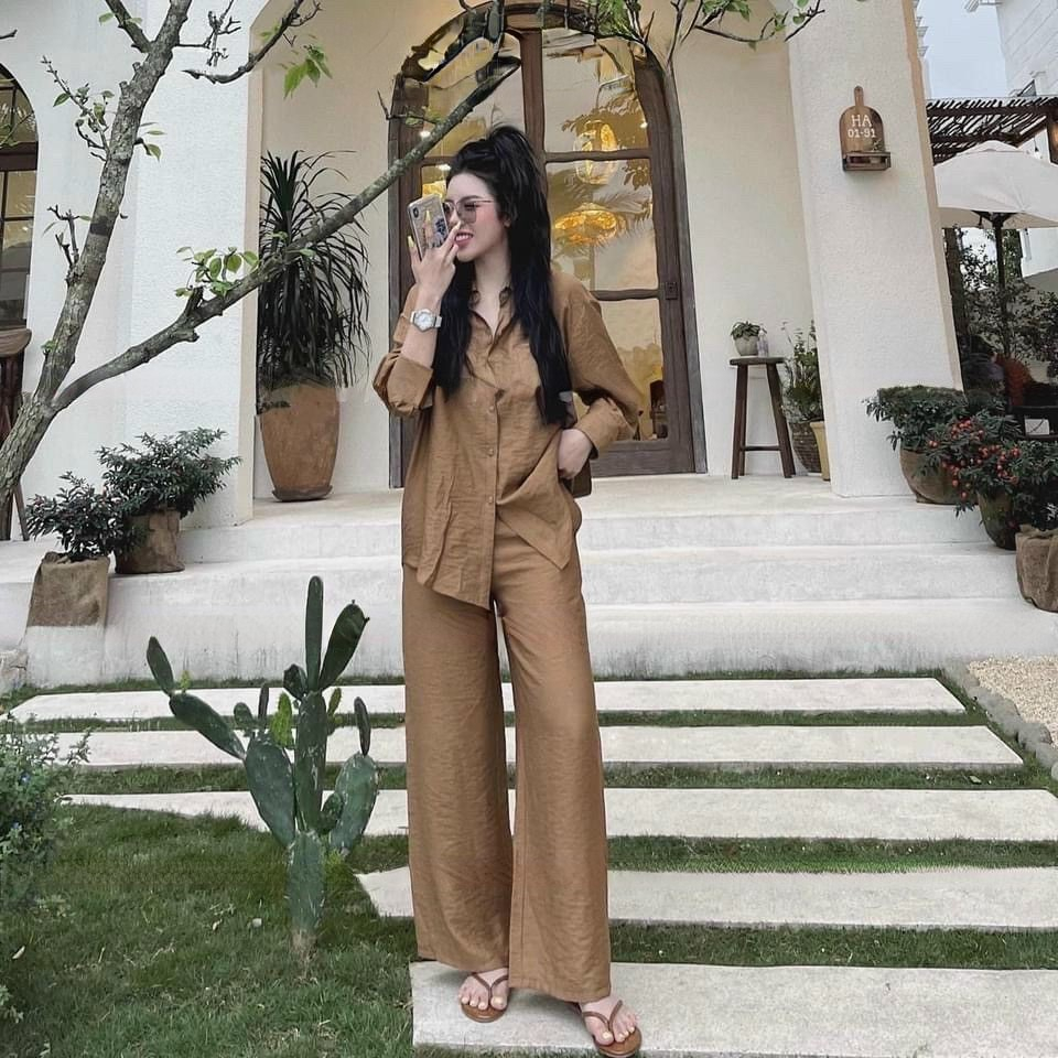 Bộ Đũi Nữ Dài EVANIA Set Đi Biển Áo Sơ Mi Mix Quần Ống Suông Rộng Chất Vải Đũi Thoáng Mát Hai Màu trắng, Nâu - Mã G868