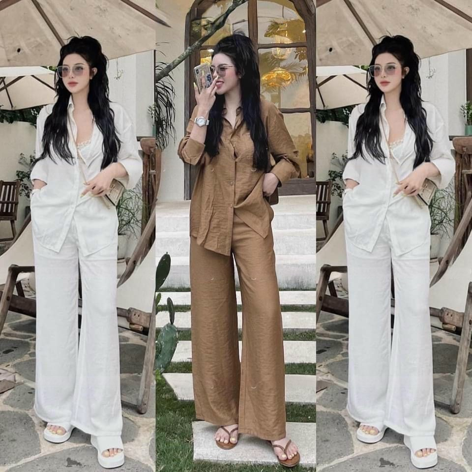 Bộ Đũi Nữ Dài EVANIA Set Đi Biển Áo Sơ Mi Mix Quần Ống Suông Rộng Chất Vải Đũi Thoáng Mát Hai Màu trắng, Nâu - Mã G868