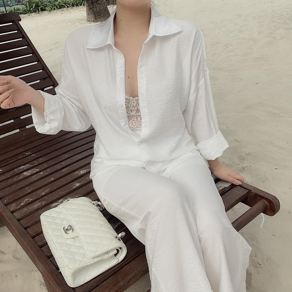Bộ Đũi Nữ Dài EVANIA Set Đi Biển Áo Sơ Mi Mix Quần Ống Suông Rộng Chất Vải Đũi Thoáng Mát Hai Màu trắng, Nâu - Mã G868