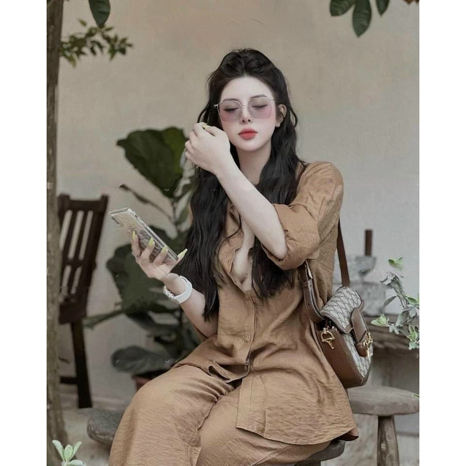 Bộ Đũi Nữ Dài EVANIA Set Đi Biển Áo Sơ Mi Mix Quần Ống Suông Rộng Chất Vải Đũi Thoáng Mát Hai Màu trắng, Nâu - Mã G868