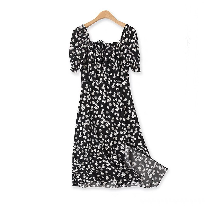 Váy đầm midi in hoa cúc nhí nền đen xẻ chân She** tqxk