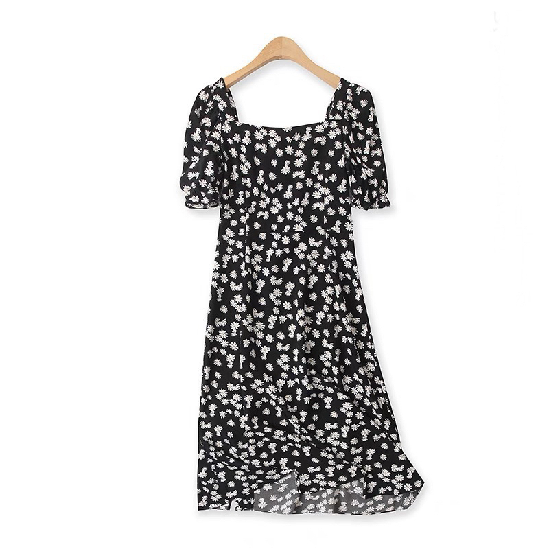 Váy đầm midi in hoa cúc nhí nền đen xẻ chân She** tqxk
