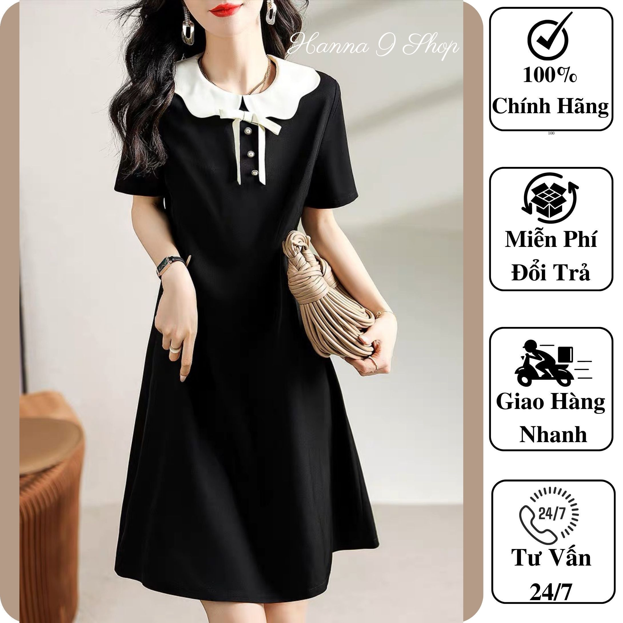 Váy nữ cổ trắng công sở kiểu dáng Hàn Quốc Đầm nữ cổ trắng chất liệu Vải Hàn cao cấp mềm mại thoáng mát