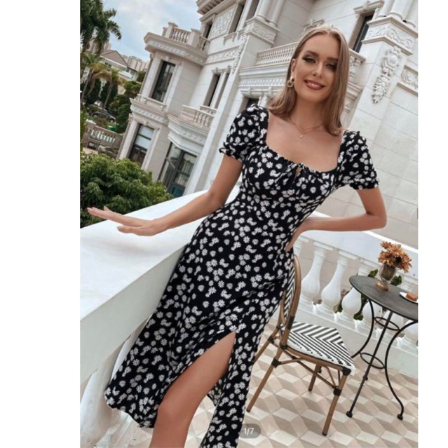 Váy đầm midi in hoa cúc nhí nền đen xẻ chân She** tqxk