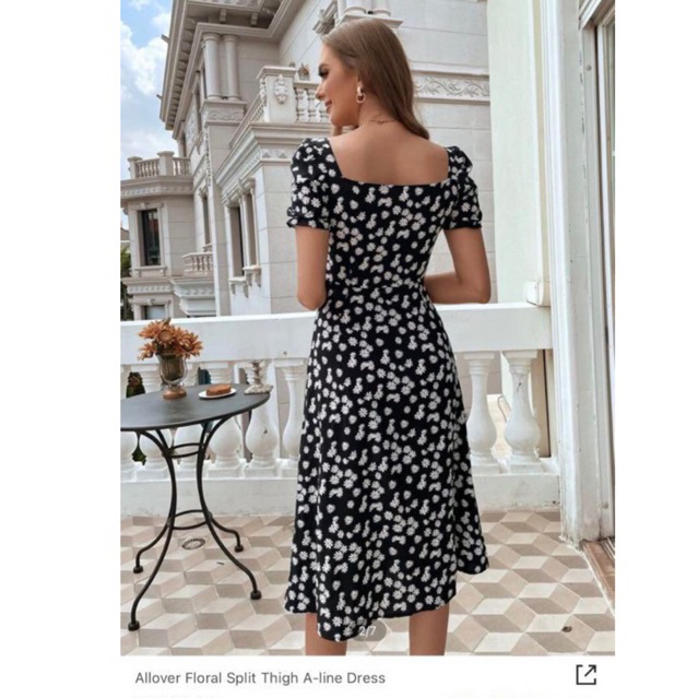 Váy đầm midi in hoa cúc nhí nền đen xẻ chân She** tqxk