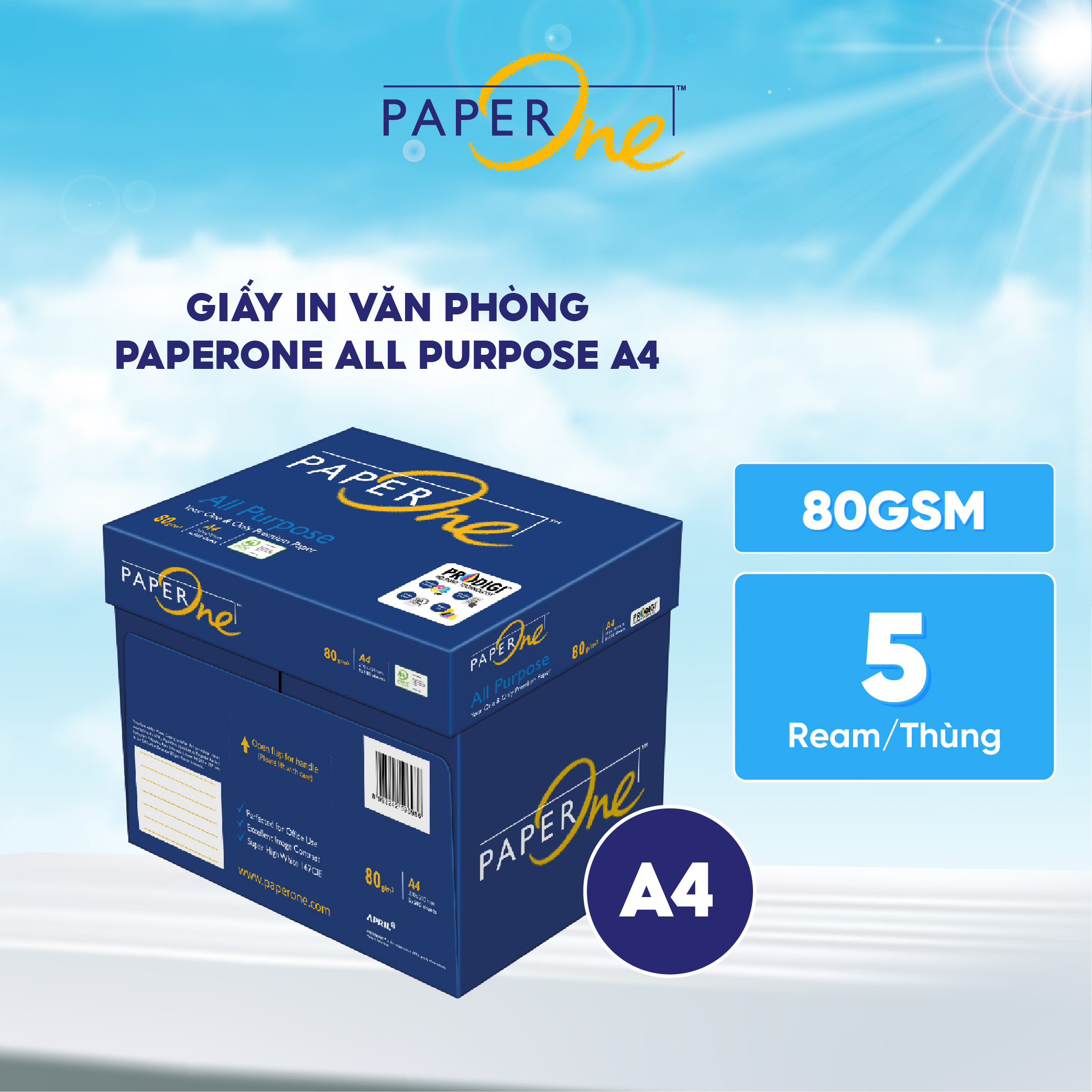 Thùng 5 ream giấy in PaperOne All Purpose Premium A4 80gsm - Dành cho nhu cầu văn phòng, gia đình