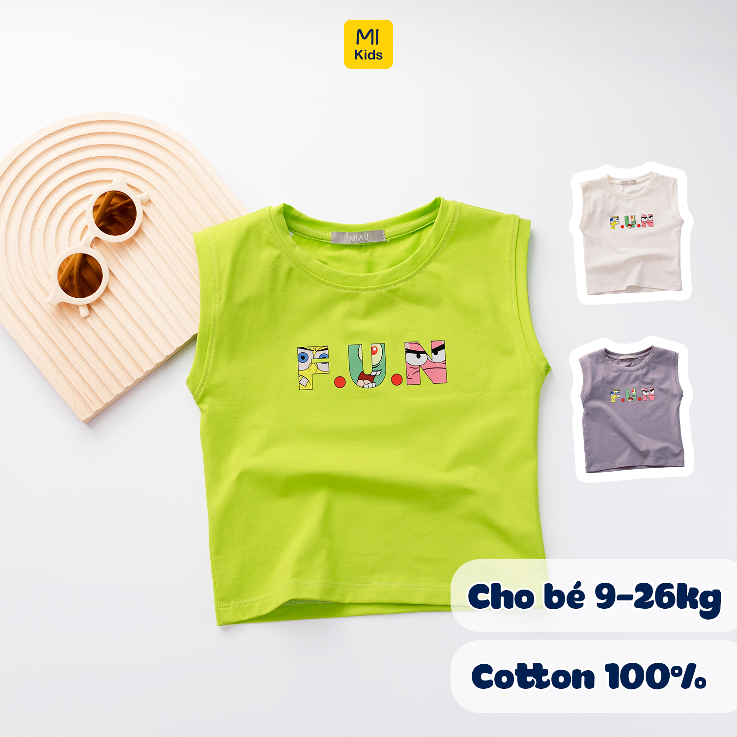 Áo ba lỗ bé trai in chữ F.U.N vui vẻ cá tính, chất thun Cotton mát mịn xịn xò mặc hè hết ý - Quần áo trẻ em MiKids