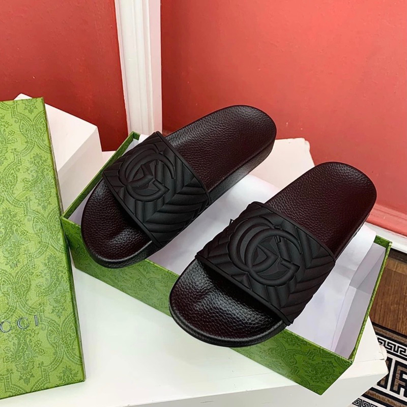 Dép lê nam quai ngang GG cao su đúc quai nổi sọc kẻ logo chữ kiểu dáng đơn giản đẹp DL21P