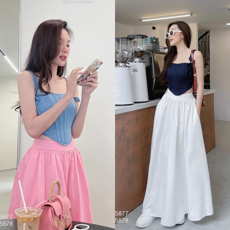 Set áo croptop 2 dây dáng corset jean denim + Chân váy maxi xoè dáng dài