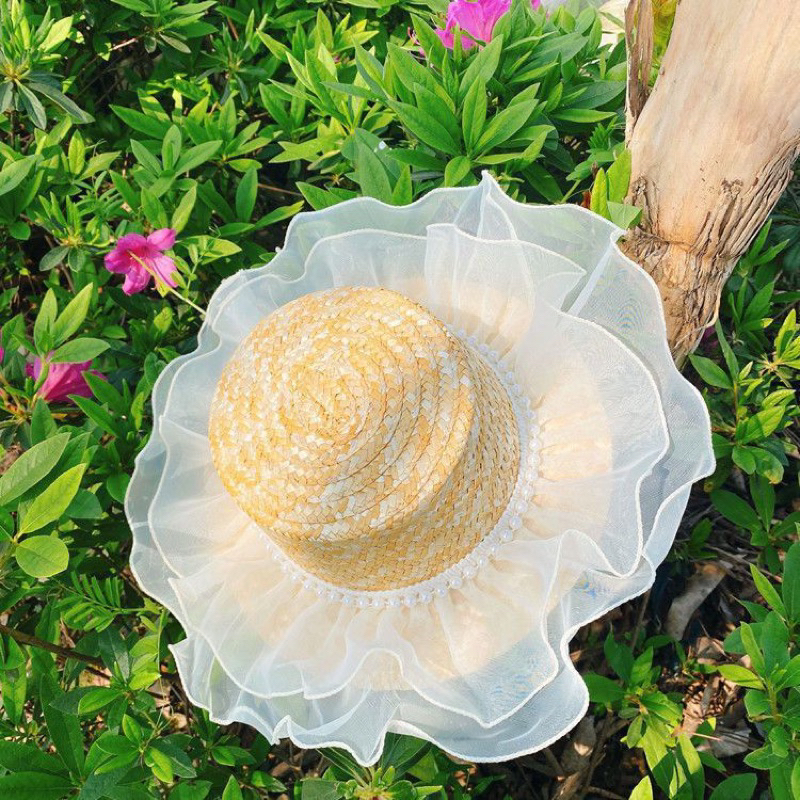 Nón / Mũ cói viền bèo tiểu thư cho bé và mẹ