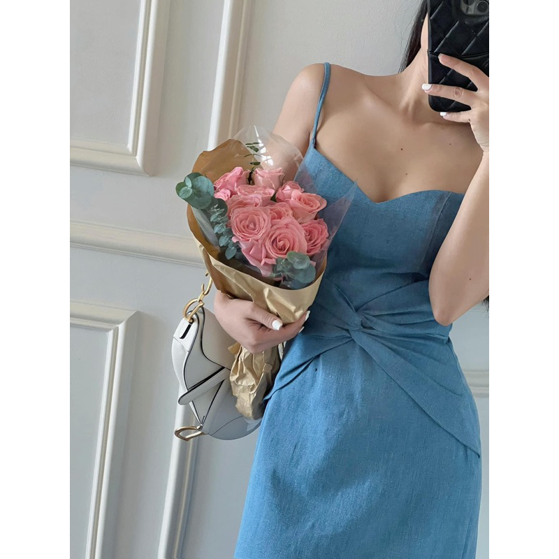 Đầm midi 2 dây jean denim ôm dáng body xoắn eo