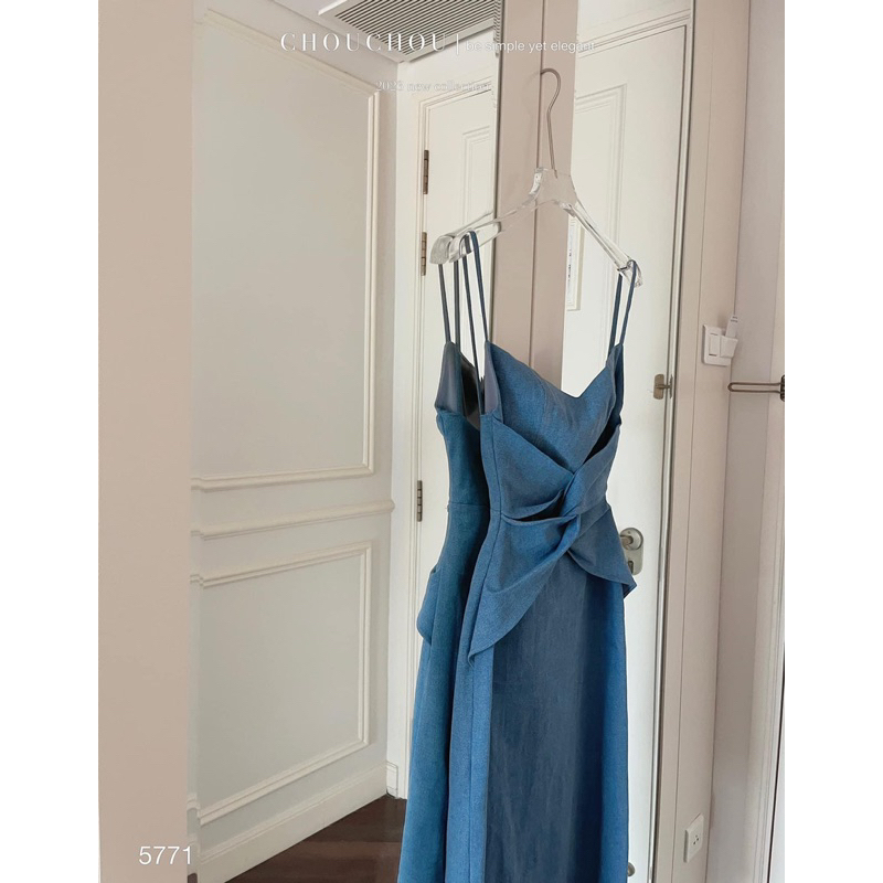 Đầm midi 2 dây jean denim ôm dáng body xoắn eo