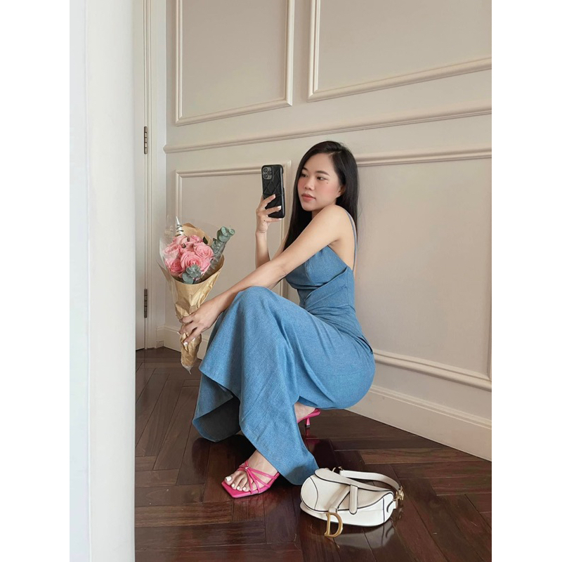 Đầm midi 2 dây jean denim ôm dáng body xoắn eo
