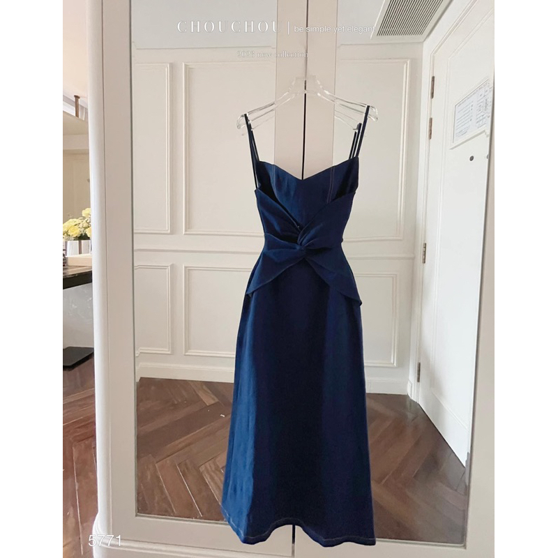 Đầm midi 2 dây jean denim ôm dáng body xoắn eo