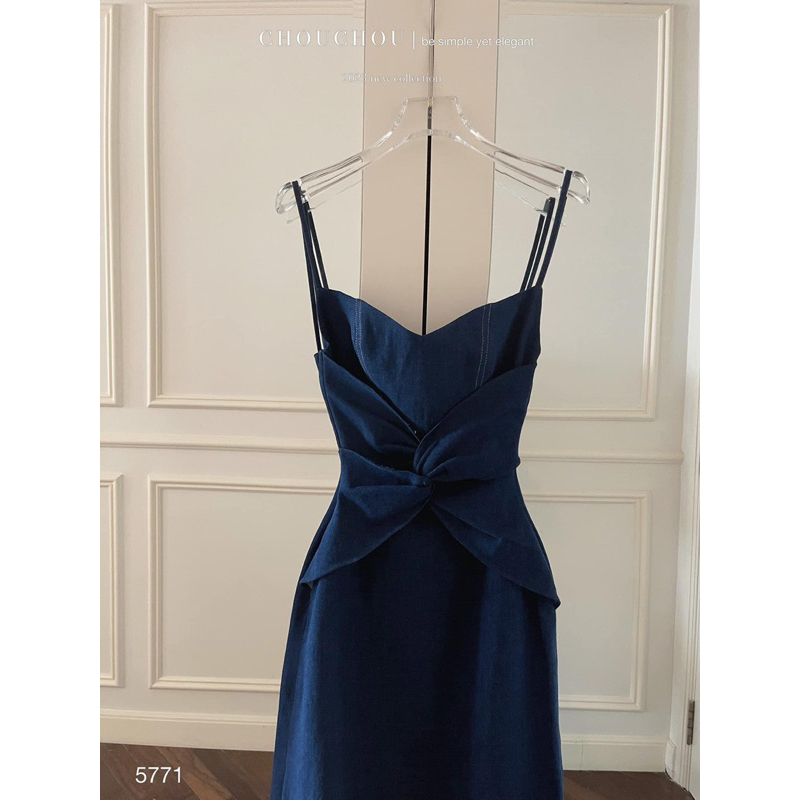 Đầm midi 2 dây jean denim ôm dáng body xoắn eo