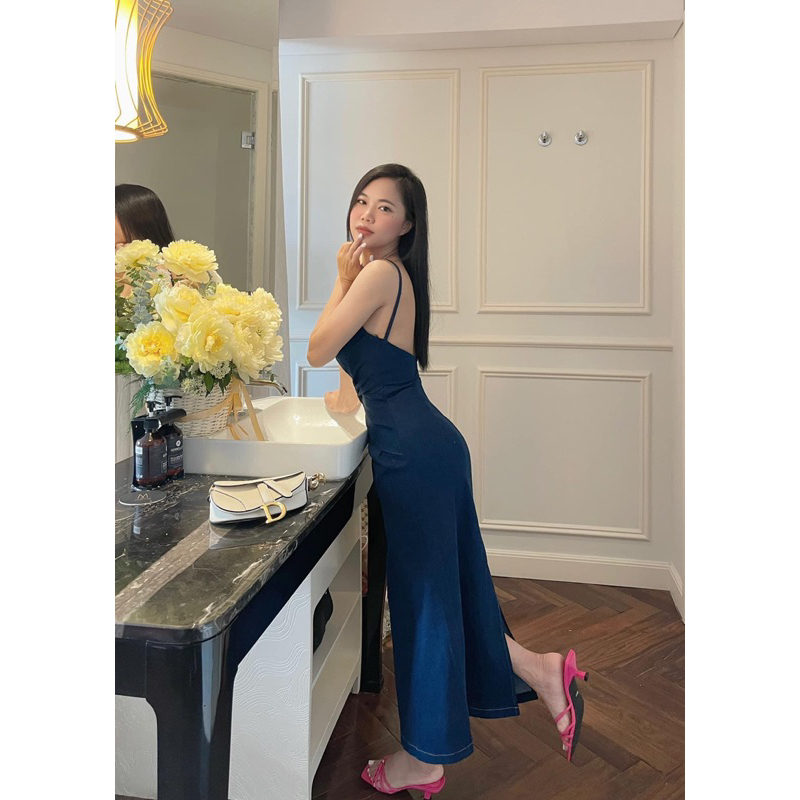 Đầm midi 2 dây jean denim ôm dáng body xoắn eo