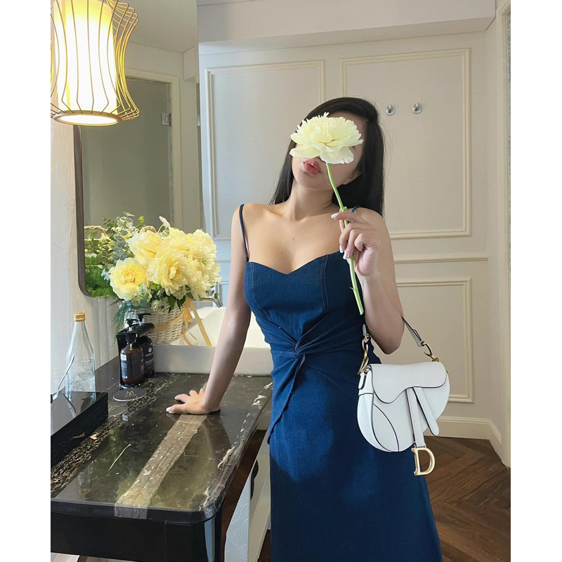 Đầm midi 2 dây jean denim ôm dáng body xoắn eo