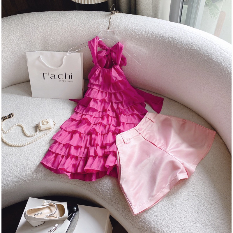Set áo nude cổ yếm bèo tầng +short trắng💖 KÈM ẢNH THẬT