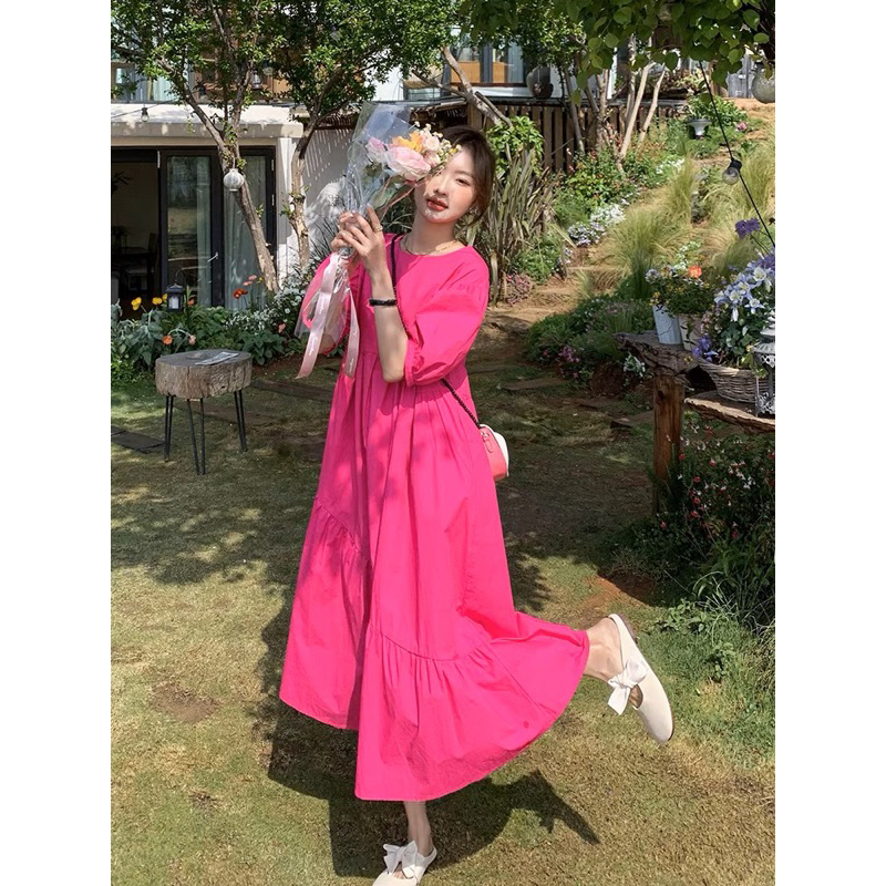 Đầm babydoll form dài hồng đậm