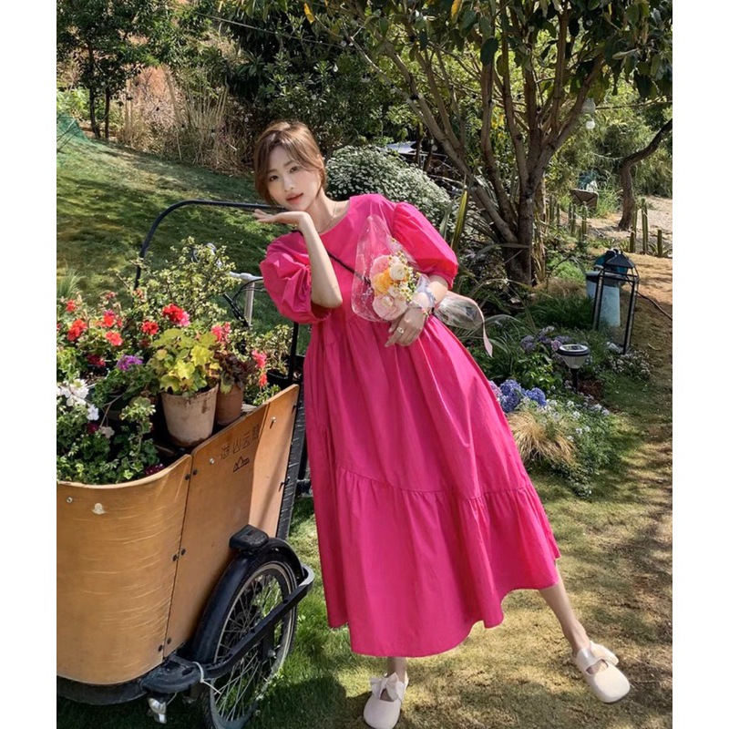 Đầm babydoll form dài hồng đậm