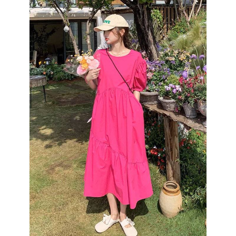 Đầm babydoll form dài hồng đậm