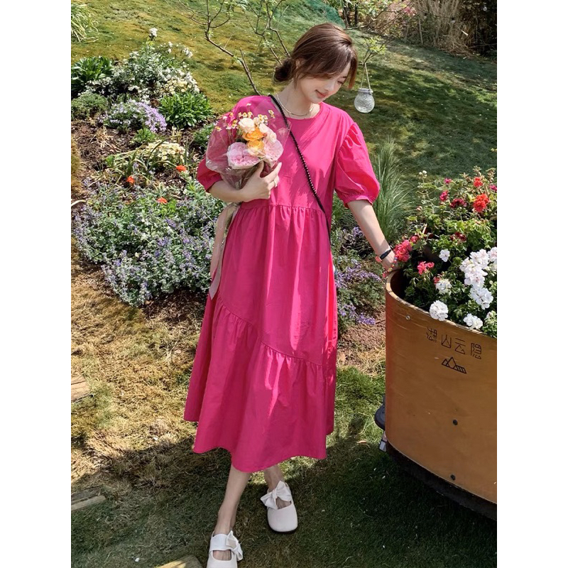 Đầm babydoll form dài hồng đậm