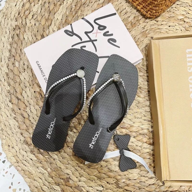 Dép kẹp xỏ ngón zhetao đính đá hoạ tiết chaneo hàng quảng châu cao cấp