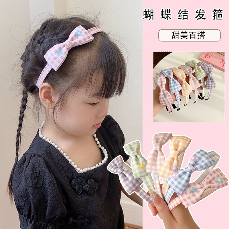 Băng đô cài tóc nơ vải caro nhiều màu sắc cho bé gái