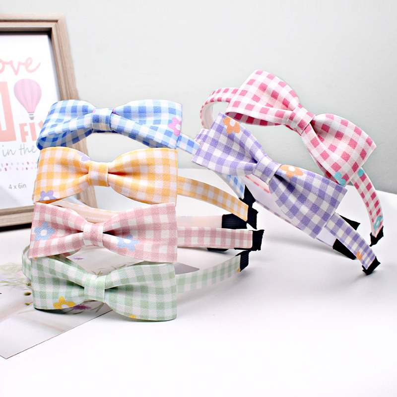 Băng đô cài tóc nơ vải caro nhiều màu sắc cho bé gái