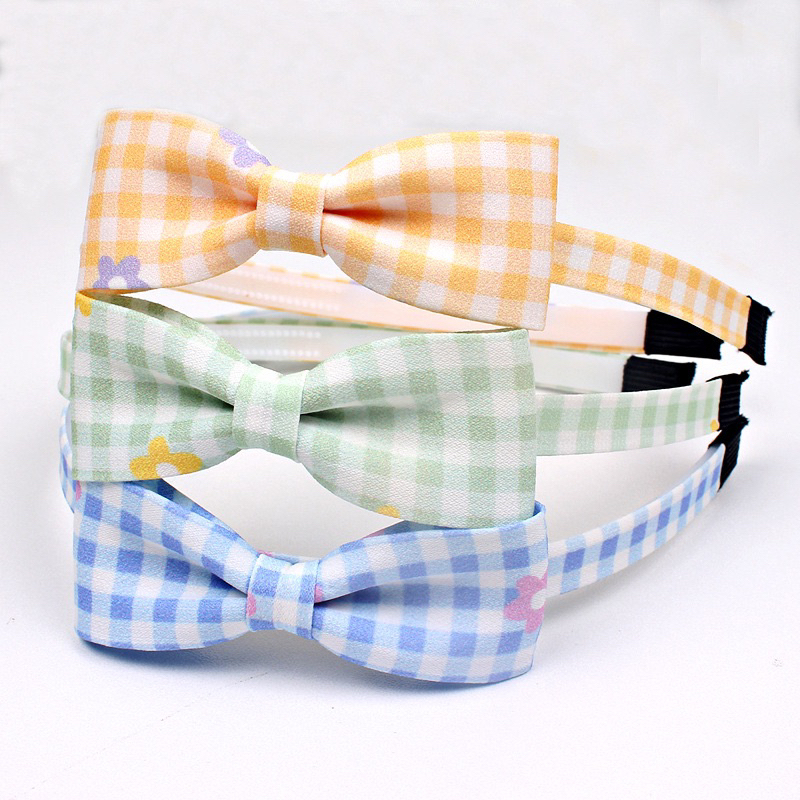 Băng đô cài tóc nơ vải caro nhiều màu sắc cho bé gái