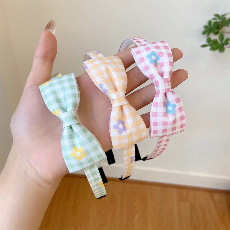 Băng đô cài tóc nơ vải caro nhiều màu sắc cho bé gái