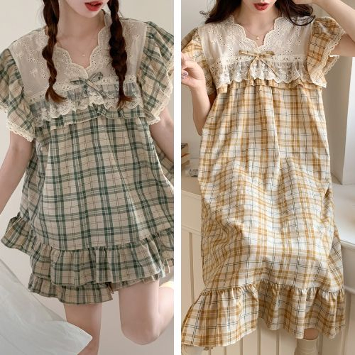 (SẴN SET) Set bộ mặc nhà sọc caro xanh vàng quảng châu