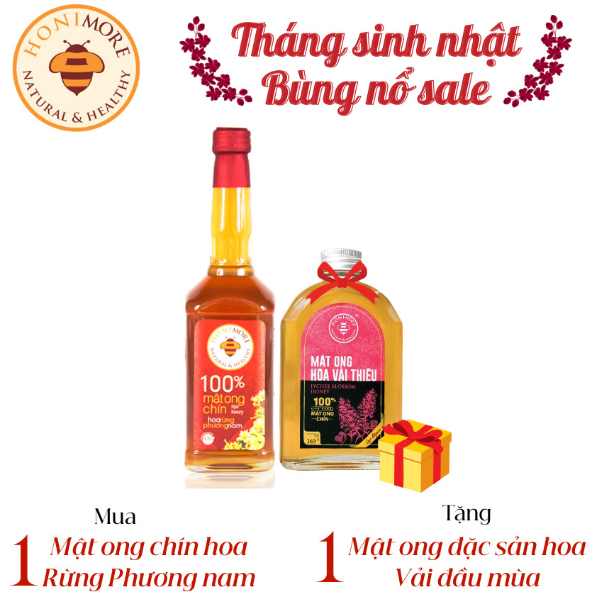 Mật ong rừng Phương Nam Honimore 630g/chai tặng 1 chai Mật ong Hoa Vải Thiều 360g/chai - tăng sức đề kháng