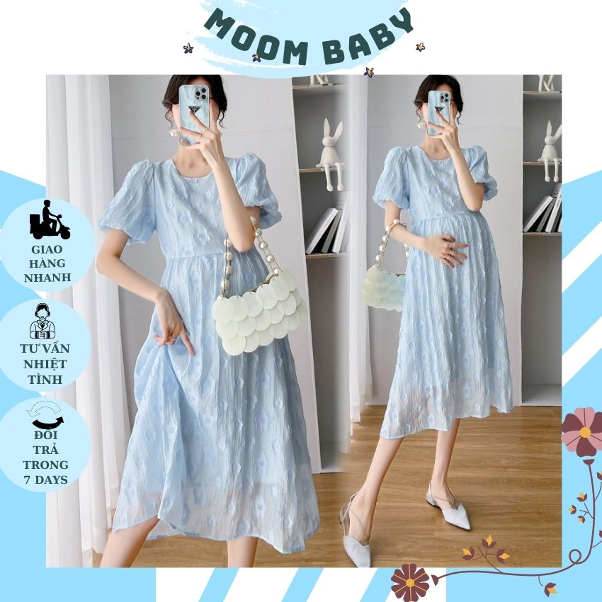 VÁY BẦU HOA NỔI CHẤT MỀM MÁT BO ỐNG TAY XINH XẮN- ĐẦM BẦU TIẾU THƯ 2 LỚP DỄ THƯƠNG