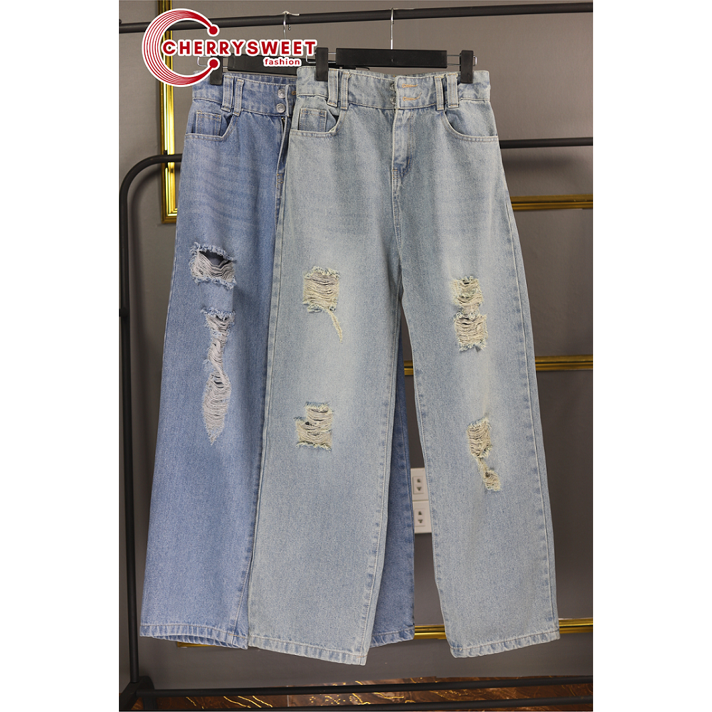 Quần bò ống rộng rách nữ CHERRYSWEET chất jean suông dài cạp cao, màu xanh cá tính, thời trang Hàn Quốc dễ phối đồ T064