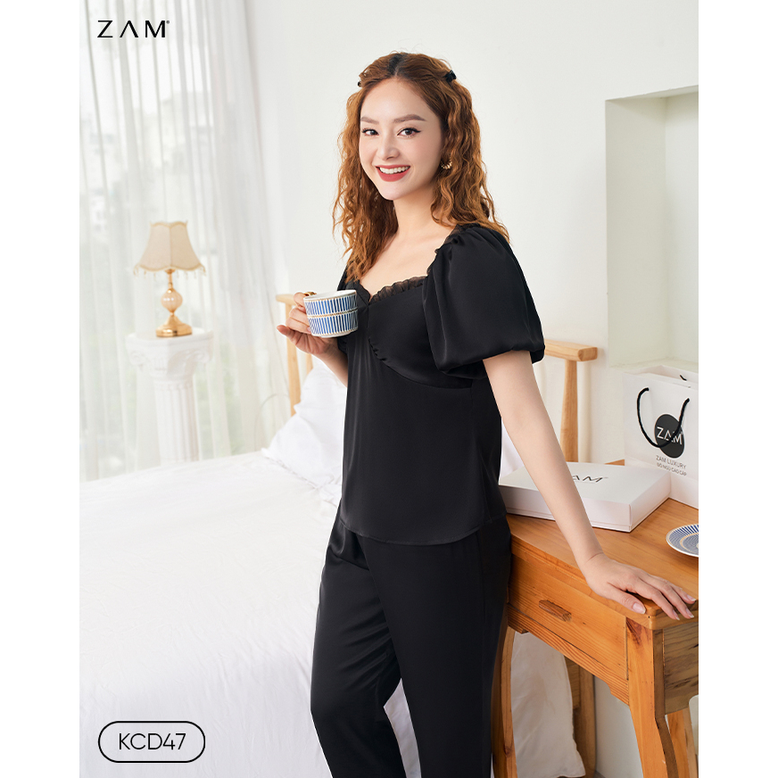 Bộ ngủ satin ZAM - KCD4 - Áo ngắn tay quần dài không cổ