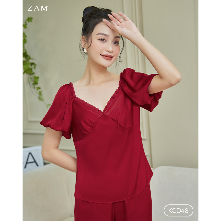 Bộ ngủ satin ZAM - KCD4 - Áo ngắn tay quần dài không cổ