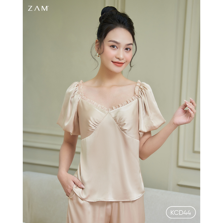 Bộ ngủ satin ZAM - KCD4 - Áo ngắn tay quần dài không cổ