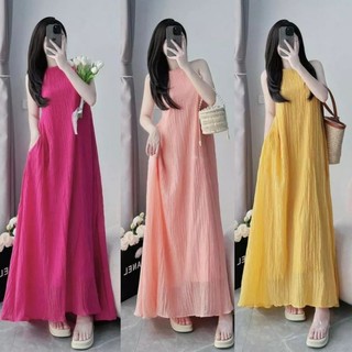 Maxi Đi Biển Ms.0255 Đầm Cổ Yếm Dây Rút Sau Lưng Điều Chỉnh Được, Chất Tơ Nhăn Hai Lớp