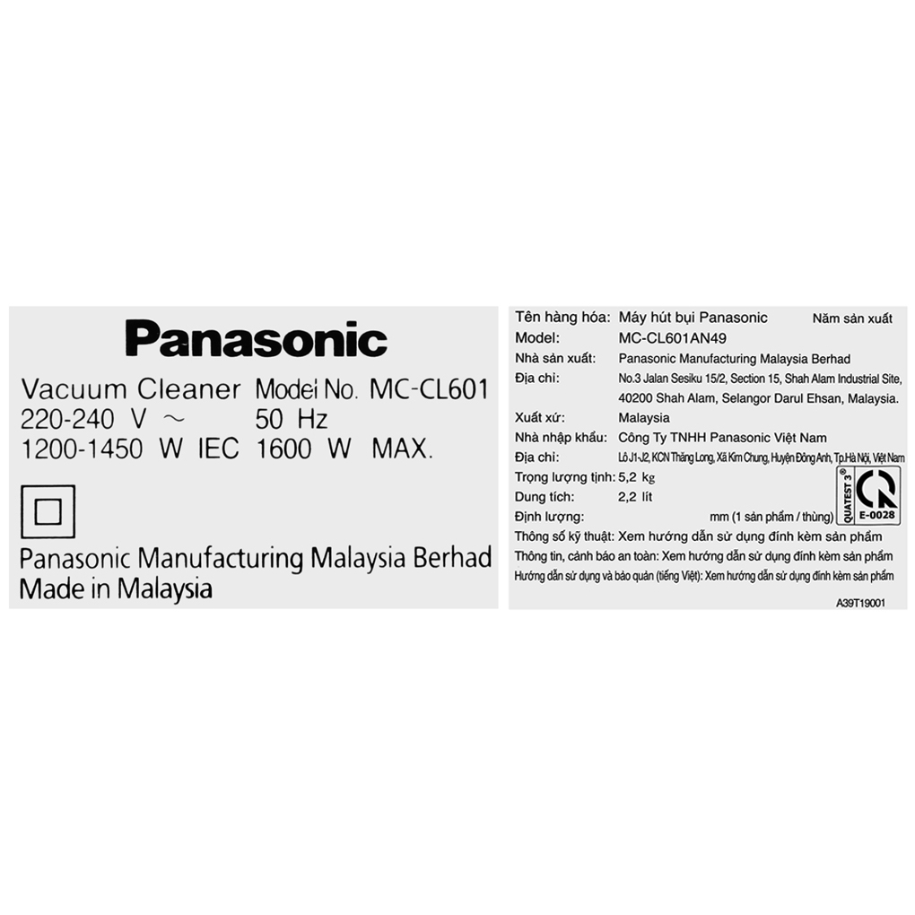 Máy hút bụi dạng hộp Panasonic MC-CL601AN49 chính hãng bảo hành 12 tháng