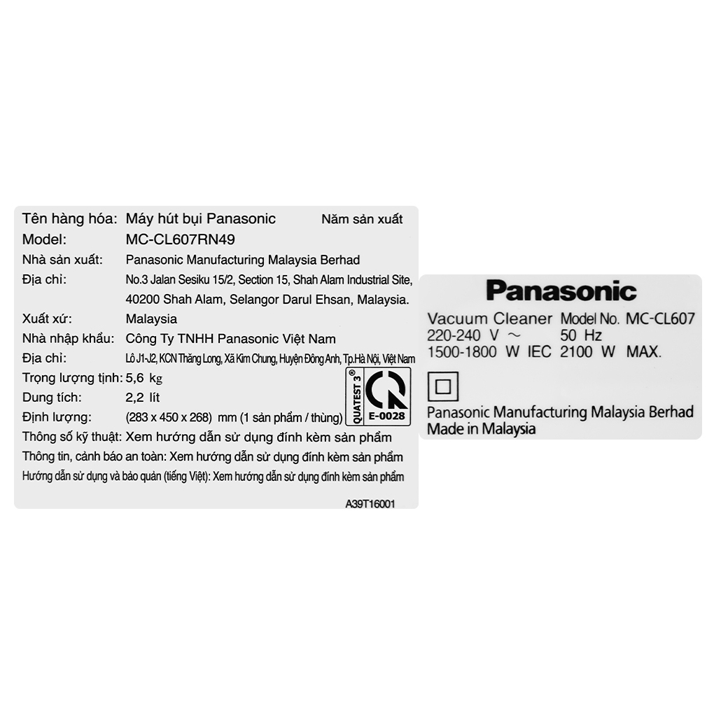 Máy hút bụi dạng hộp Panasonic MC-CL607RN49 2100W chính hãng bảo hành 12 tháng