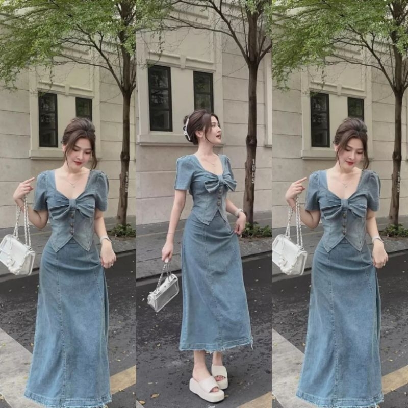 Set Bò Nữ Ms.2366 Áo Crotop Đính Nơ Phối Chân Váy Midi Dáng Xòe Chất Bò Kèm HÌnh Thật