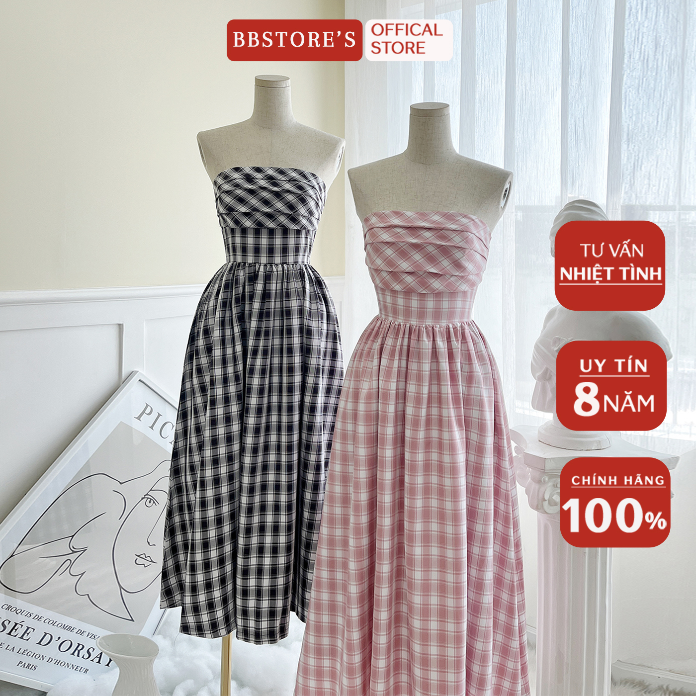 BBSTORE'S Đầm Xòe Caro Dự Tiệc Xếp Ly Cúp Ngực Sang Trọng -D1955